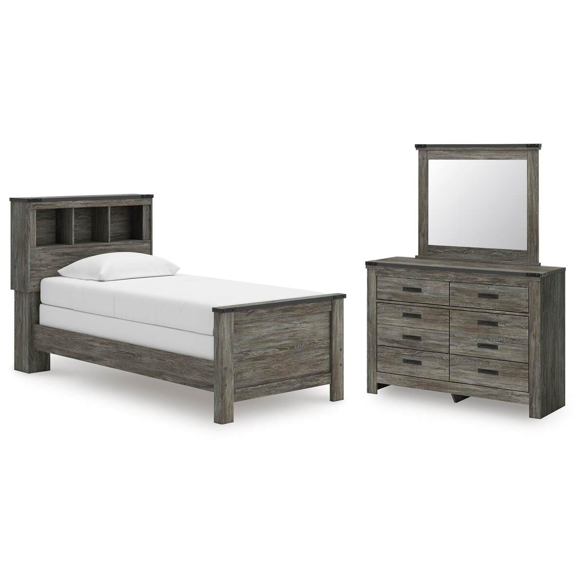 02b32d2497d1ecc91fe8efc66cee7d14 Frandern Twin Bookcase Bed, Dresser and Mirror - Image 1