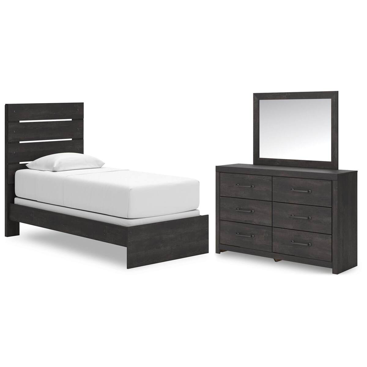 09b51aed06c1dad477bfb5f54749a9fa Hollivern Twin Panel Bed, Dresser and Mirror - Image 1