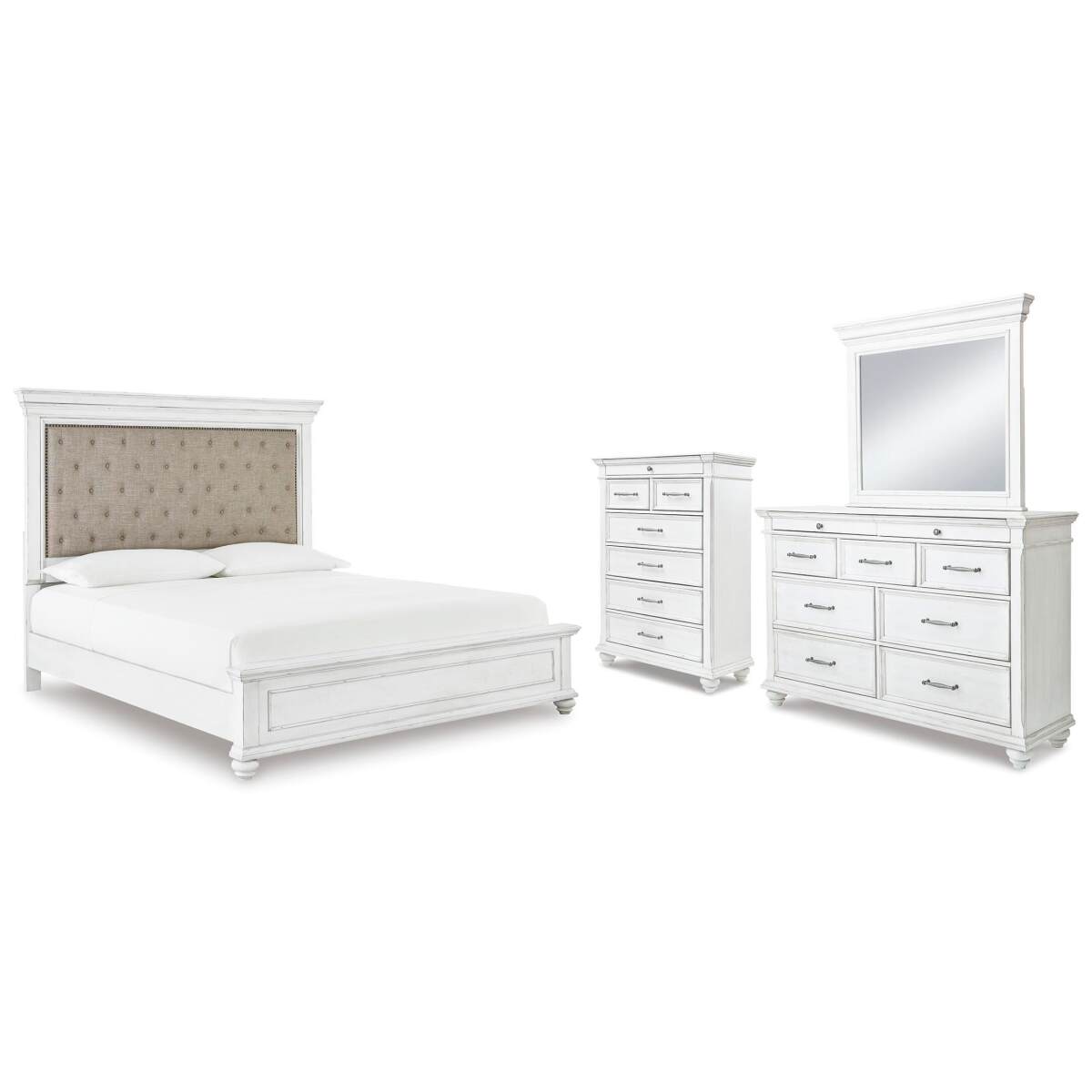0a14f6d02d1121d8345d704ce85f8c95 Kanwyn Cal King Upholstered Panel Bed, Dresser, Mirror and Chest - Image 1