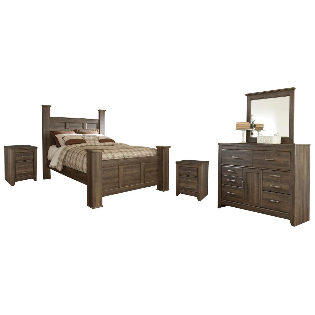 0a3983012c74f8e2225c014c53882900 Juararo Queen Poster Bed with Mirrored Dresser and 2 Nightstands - Image 1