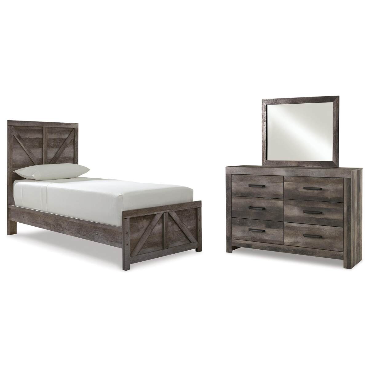 0a70981670cc13b0953a9f25cfdb1e5d Wynnlow Twin Crossbuck Panel Bed, Dresser and Mirror - Image 1