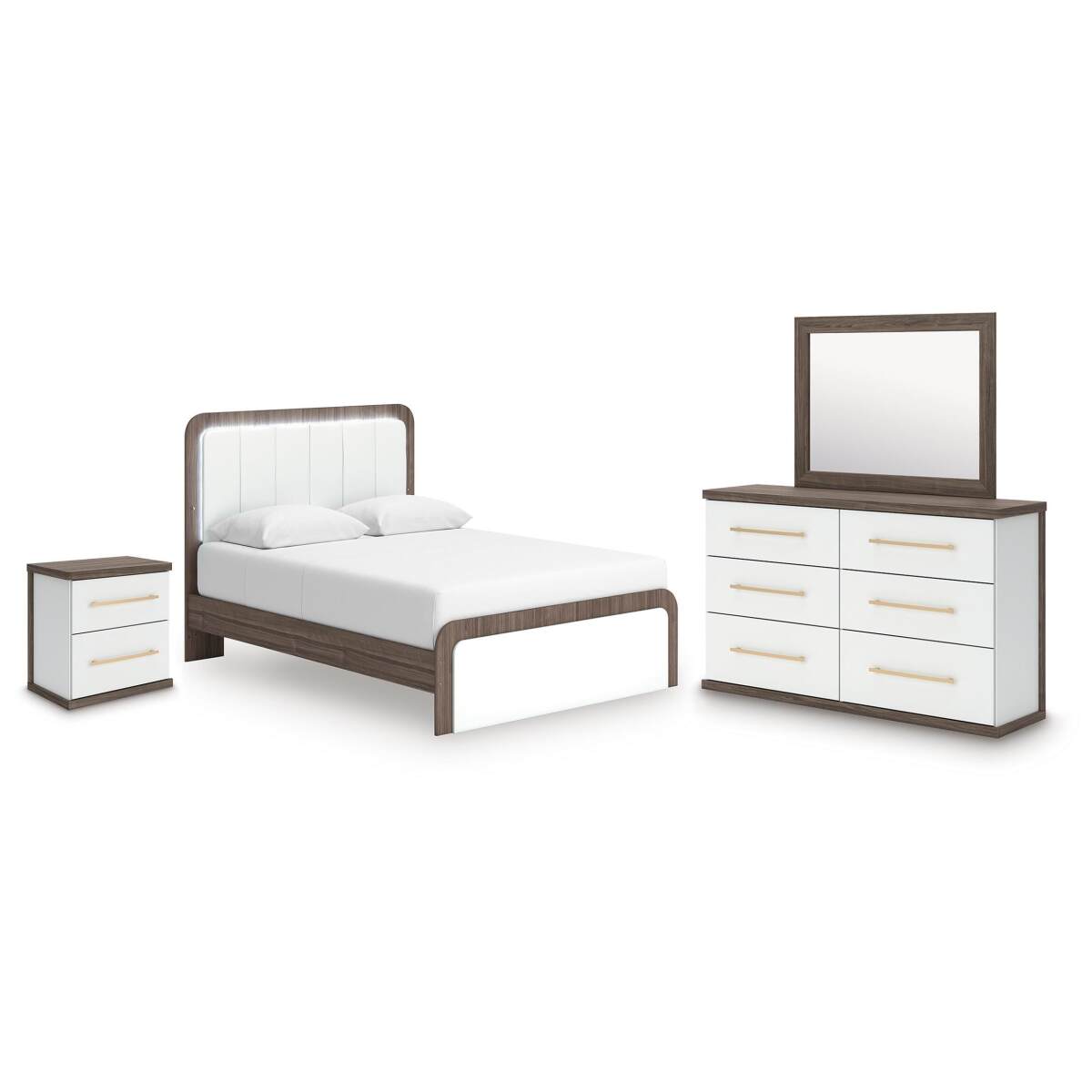 0c593aac10423ec4239e0c42d8bb6257 Kendanport Queen Upholstered Bed, Dresser, Mirror and Nightstand - Image 1