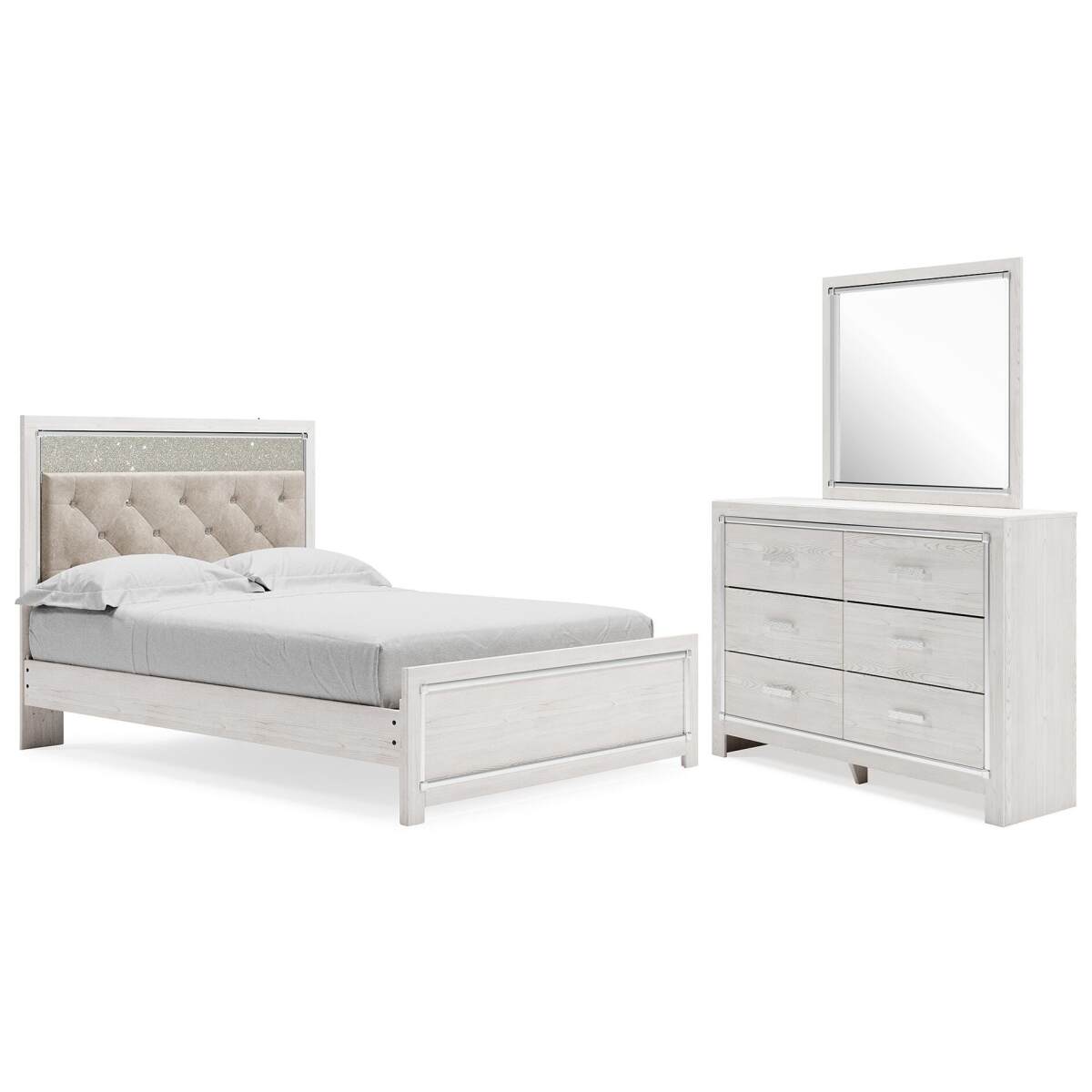 0e01f713d3cfb45a45c9bc9c15c355b8 Altyra Queen Upholstered Panel Bed, Dresser and Mirror - Image 1