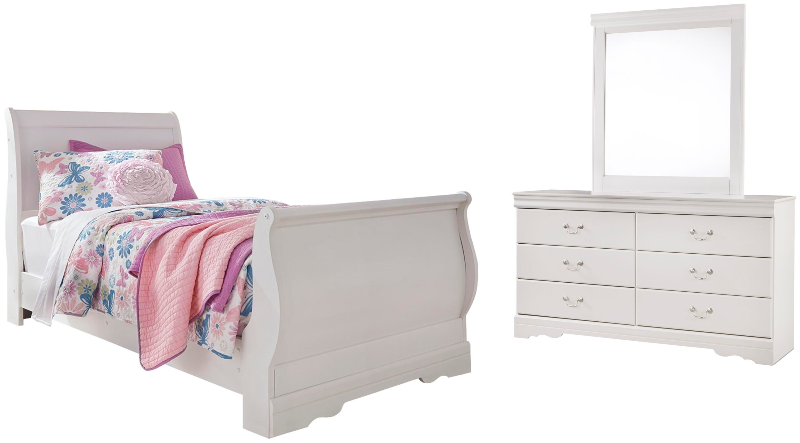 10e503ee46bf588bbab70d74a25b9508 Anarasia Twin Sleigh Bed, Dresser and Mirror - Image 1