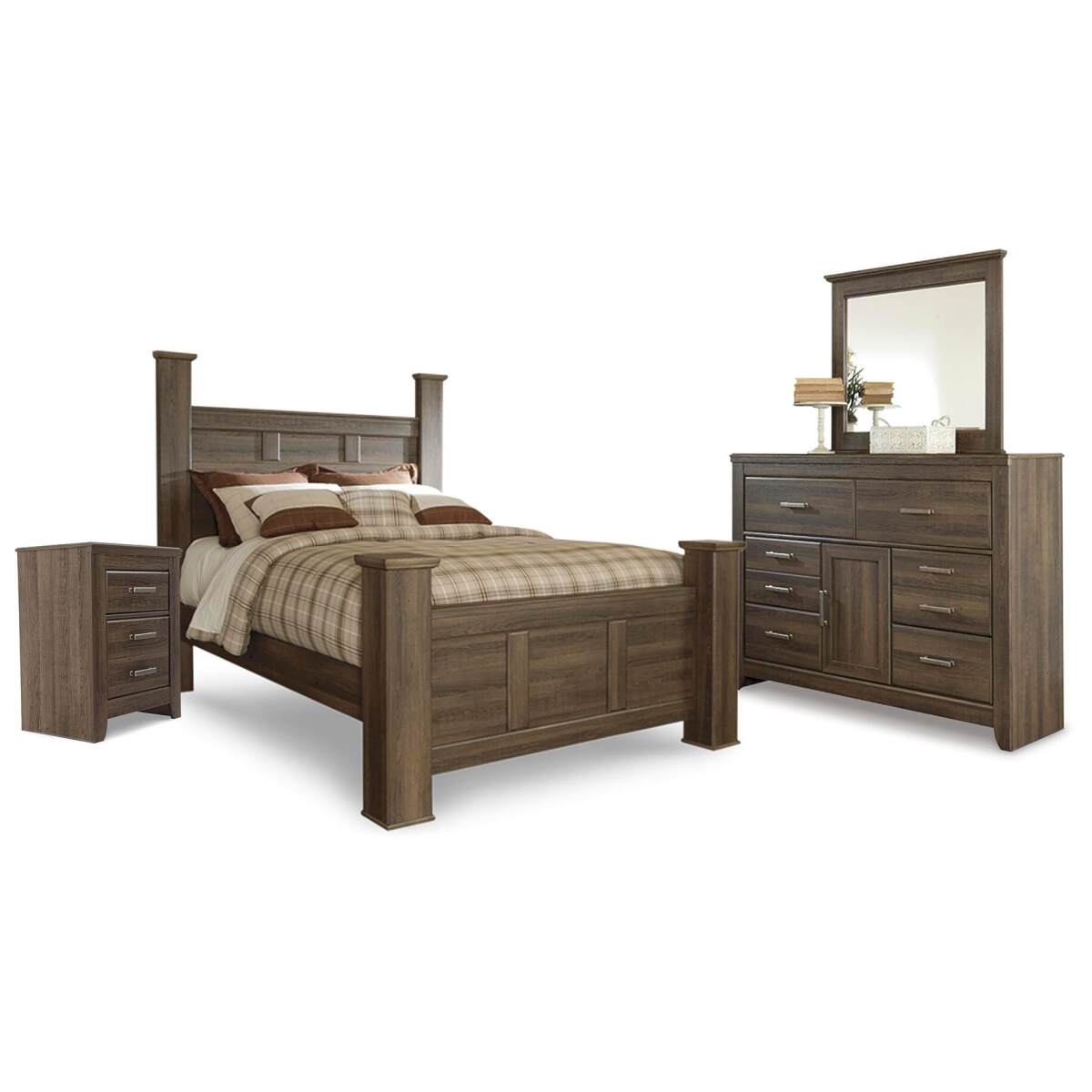 17b3b05d02f7275d0484a645a136630e Juararo Queen Poster Bed with Mirrored Dresser and Nightstand - Image 1