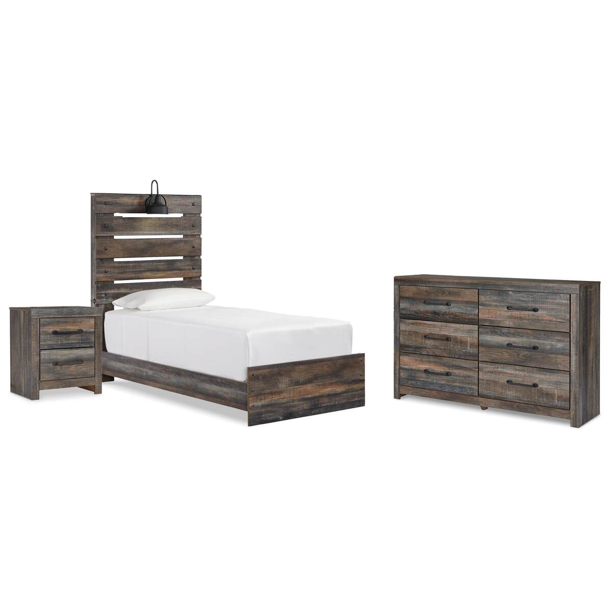 28b1d8e3039331644fa8cd9c84f0acfe Drystan Twin Panel Bed, Dresser and Nightstand - Image 1