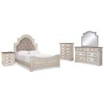 Realyn Queen Upholstered Panel Bed, Dresser, Mirror, Chest and Nightstand