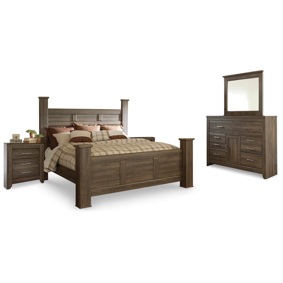 2b5ba043054d04d7179a670fb7622284 Juararo King Poster Bed, Dresser, Mirror and 2 Nightstands - Image 1