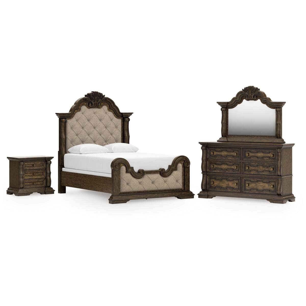 2ef58e4c4a2209bc5f7975e74952cb78 Maylee Queen Upholstered Panel Bed, Dresser, Mirror and Nightstand - Image 1