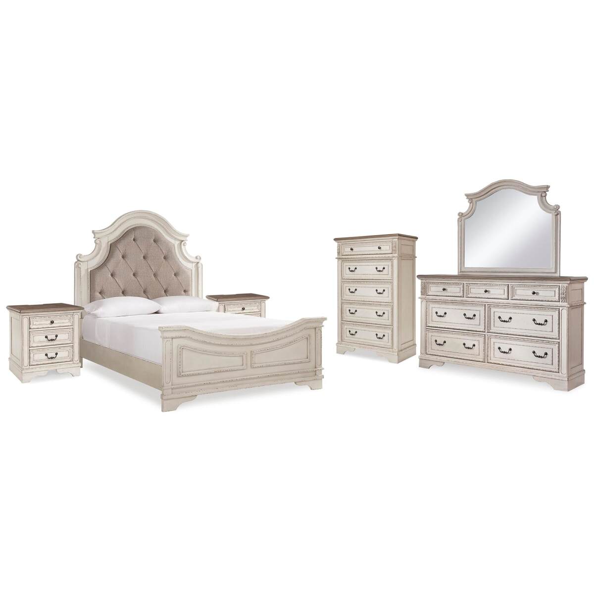 3030bb29f949356939ebe114c9d13c21 Realyn Queen Upholstered Panel Bed, Dresser, Mirror, Chest and 2 Nightstands - Image 1
