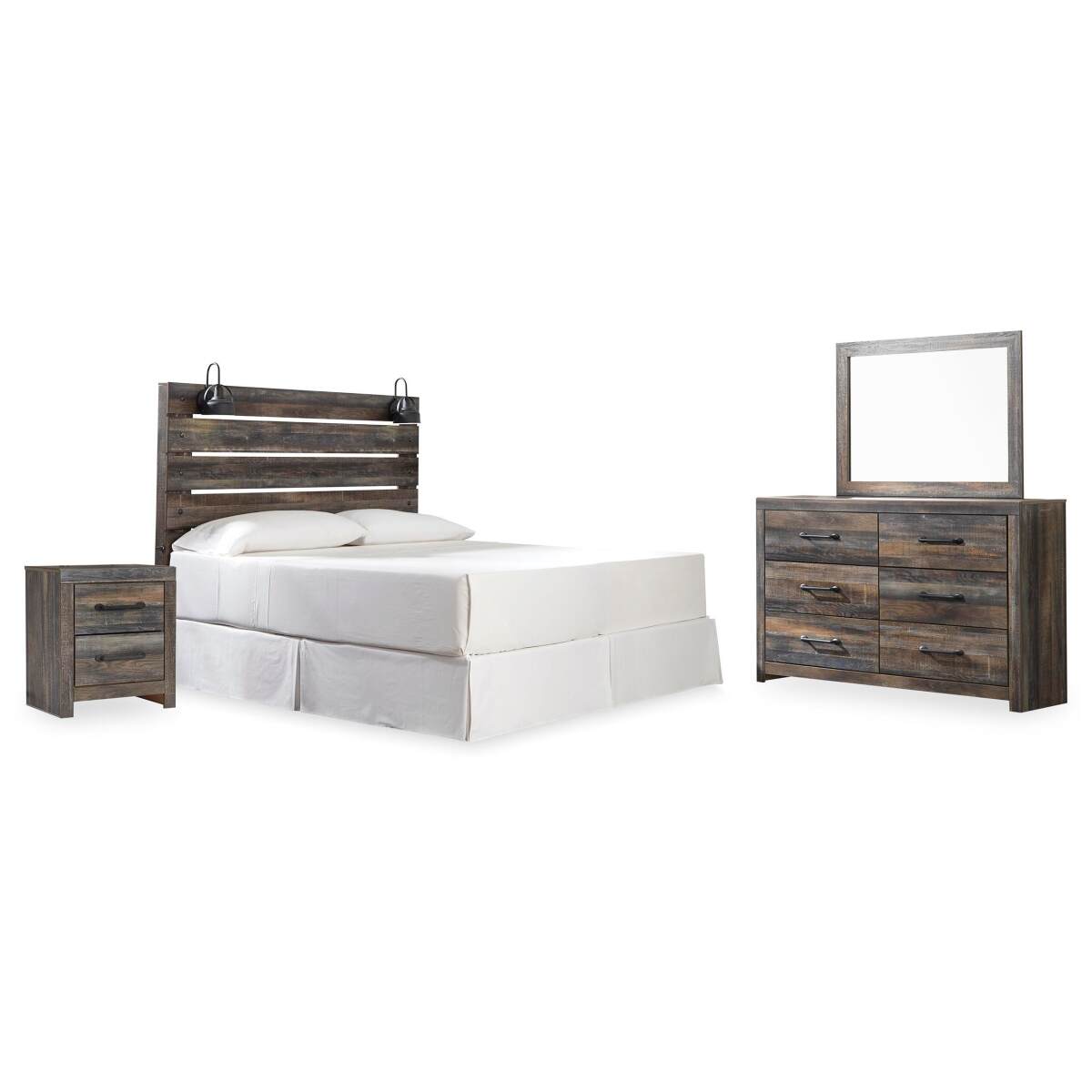 323aeacdb11ad582cd469ea8ef734e16 Drystan King Panel Headboard with Metal Frame, Dresser, Mirror, and Nightstand - Image 1