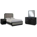 Rowanbeck Queen Upholstered Panel Bed, Dresser, Mirror and Nightstand