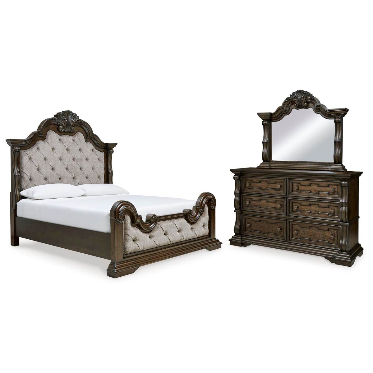 32d2cc8c3e46cffa095393bc3f19a862 Maylee King Upholstered Bed, Dresser and Mirror - Image 1
