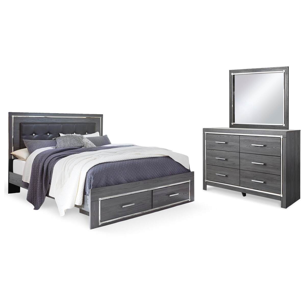 34bd98e218916692b010deb298dedf8b Lodanna King Upholstered Storage Bed, Dresser and Mirror - Image 1