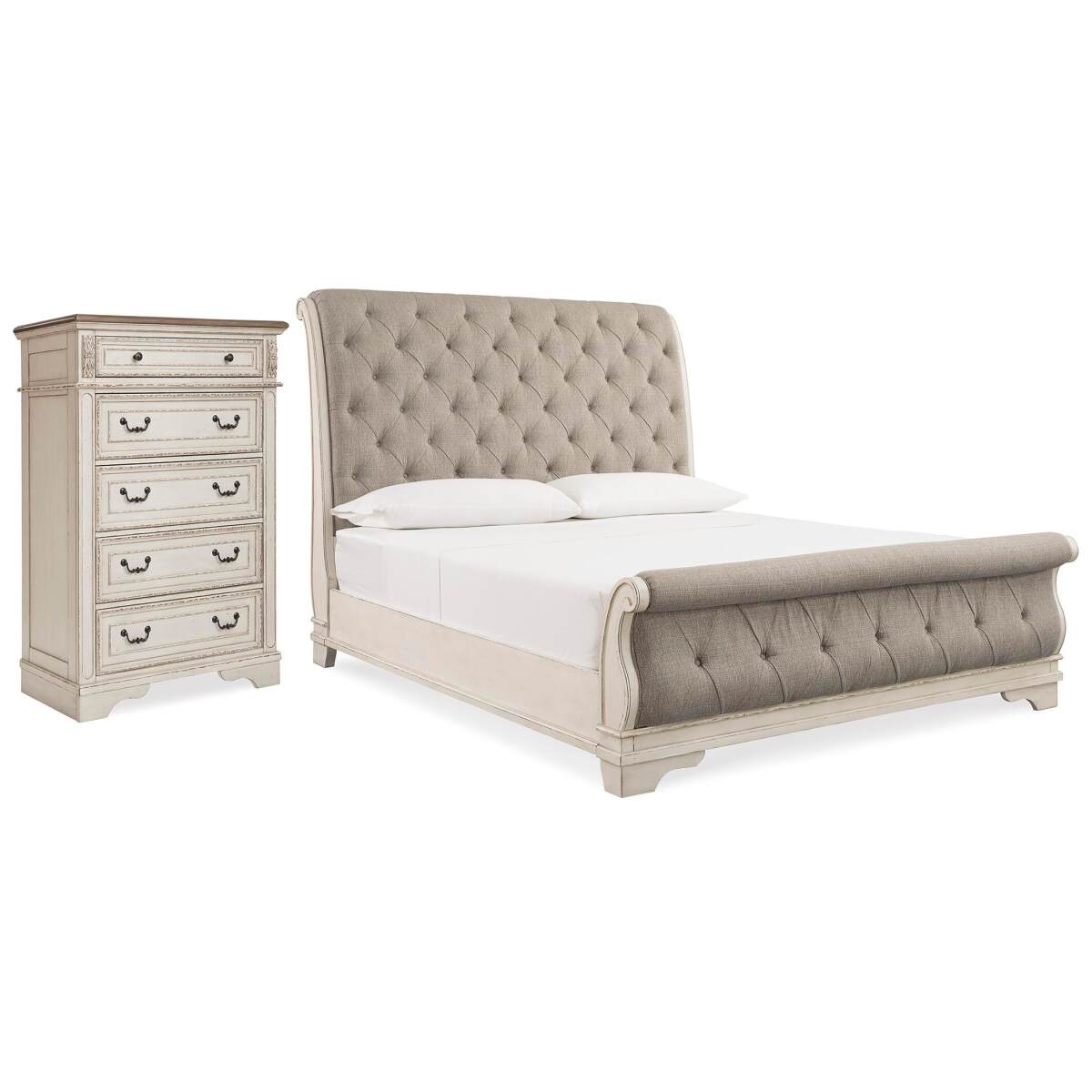 34ec127cceac76c46ba3b2d952c113f6 Realyn Queen Upholstered Sleigh Bed and Chest - Image 1
