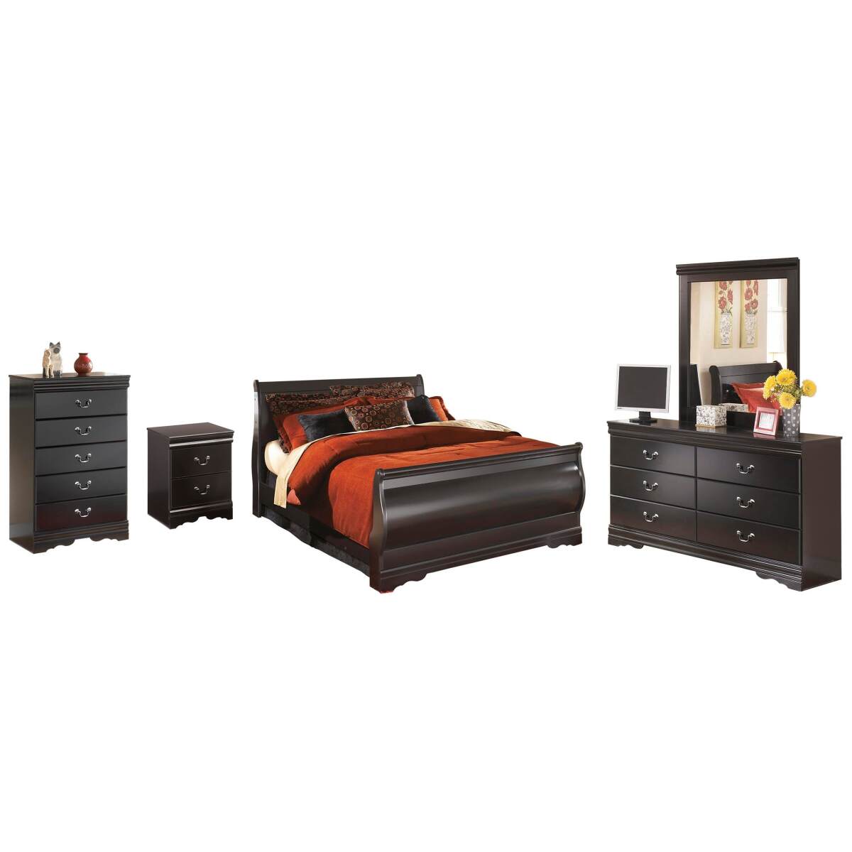 363438a90b8b3f3efd031518bb4fd4ec Huey Vineyard Queen Sleigh Bed with Dresser, Mirror, Chest and Nightstand - Image 1