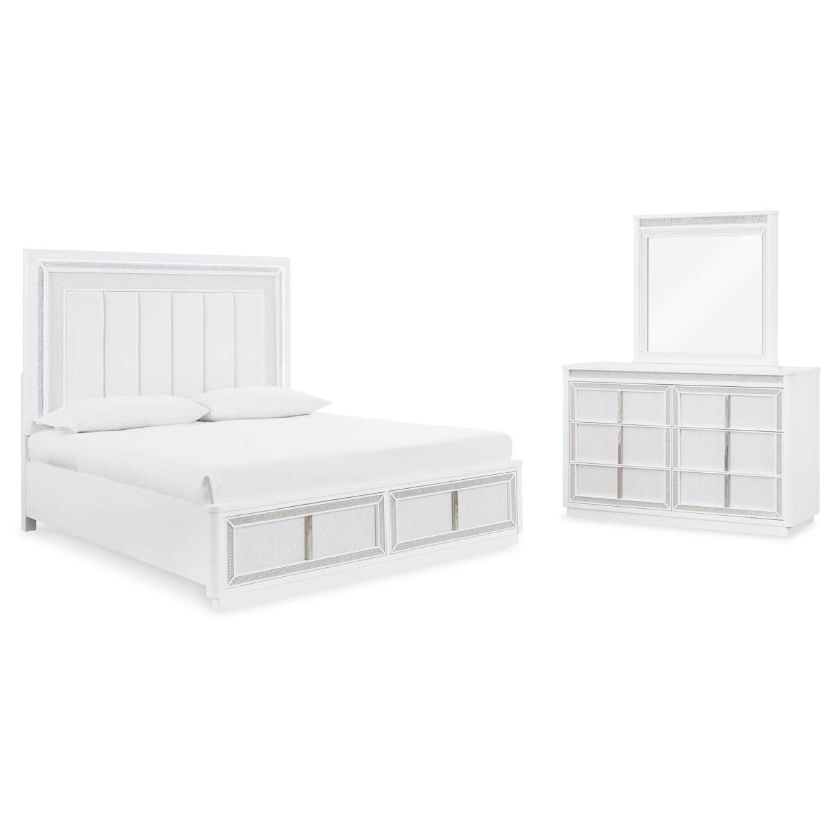 36b4389759e2cf3f36a05a521b60821d Chalanna Queen Upholstered Storage Bed, Dresser and Mirror - Image 1