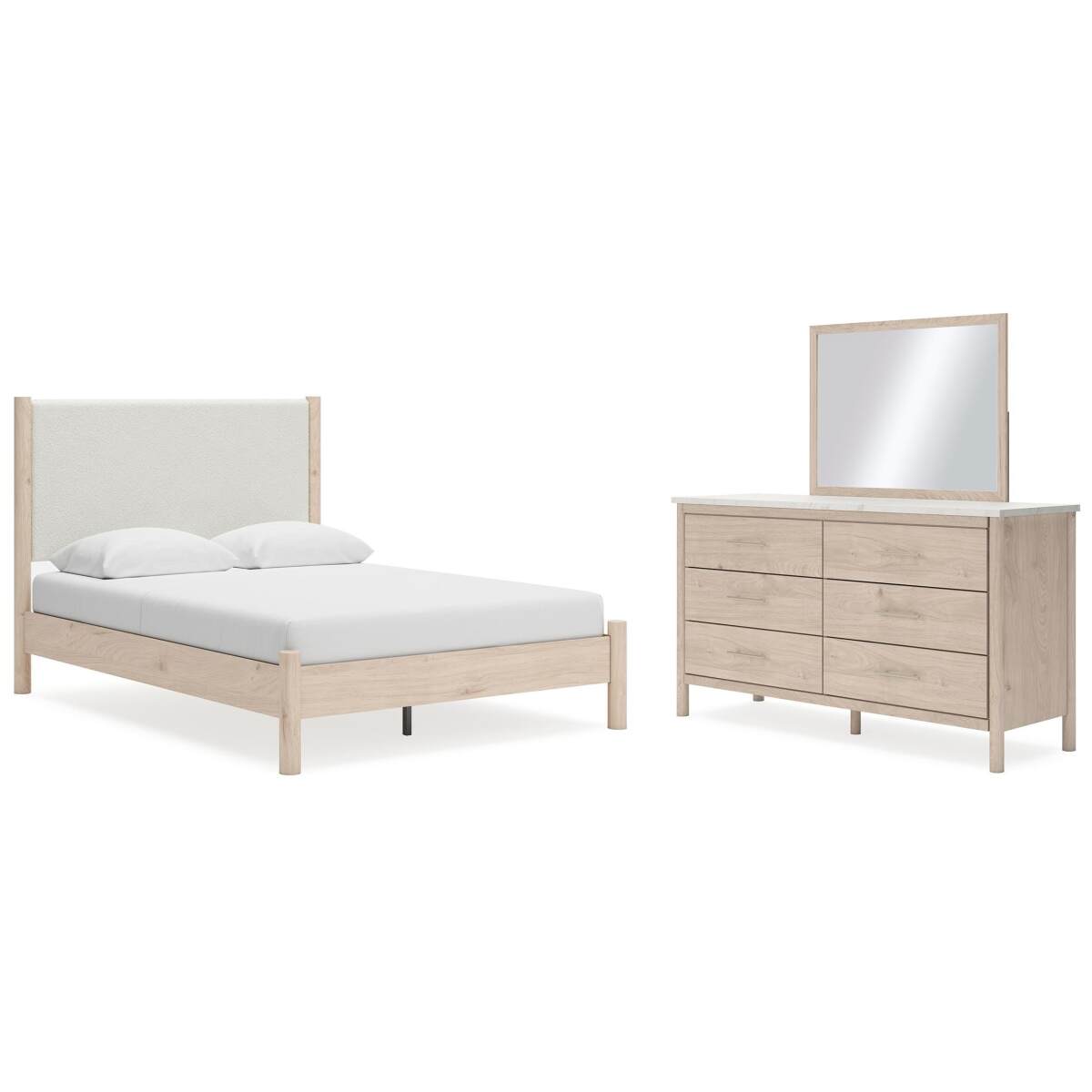 39740eee811936176bd893a34e350f9a Cadmori Queen Upholstered Panel Bed, Dresser and Mirror - Image 1