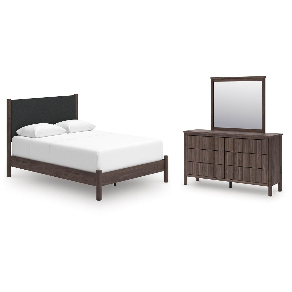 3a3ff8d1037de68d14cd5b47f7a5f66e Pamytta Queen Upholstered Panel Bed, Dresser and Mirror - Image 1