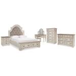 Realyn Queen Upholstery Panel Bed, Dresser, Chest, Nightstand, and Vanity Set