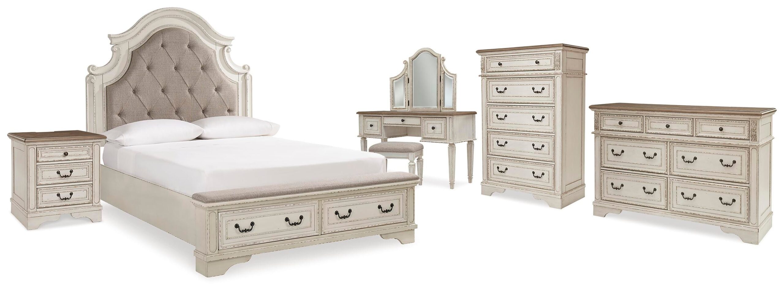 3a96f1b87a87705eda14e97567fe0416 Realyn Queen Upholstery Panel Bed, Dresser, Chest, Nightstand, and Vanity Set - Image 1