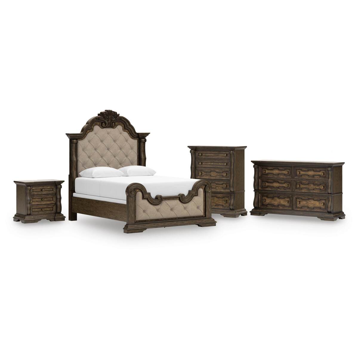 3fe0ea675ce6f8869b19cd2c06b1f42d Maylee Queen Upholstered Bed, Dresser, Chest and Nightstand - Image 1