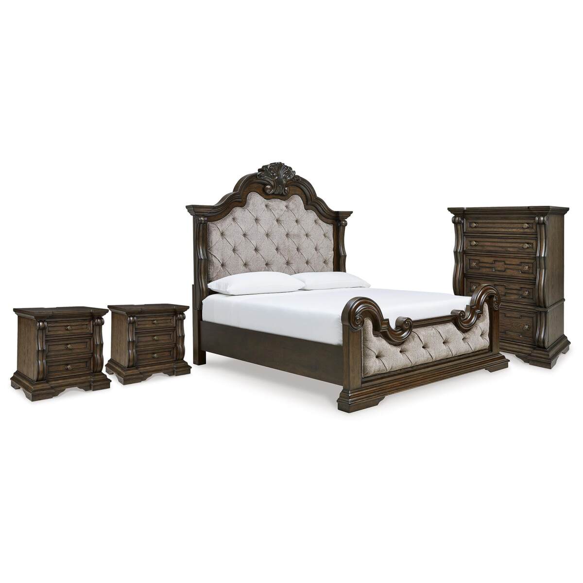 4083989836bb8508a79e3e6b585be097 Maylee King Upholstered Panel Bed, Chest and 2 Nightstands - Image 1