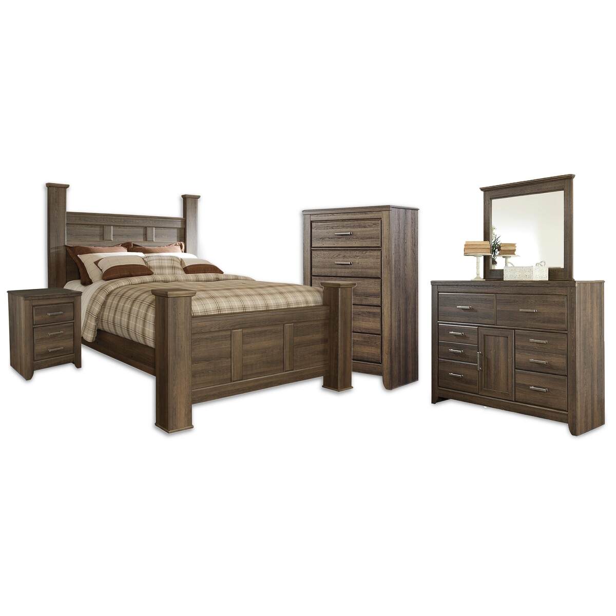 409b1975119b4bda21074145b9c789fe Juararo Queen Poster Bed, Dresser, Mirror, Chest and Nightstand - Image 1