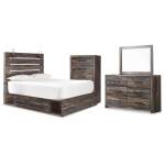 Drystan Queen Panel Bed with Storage, Dresser, Mirror and Chest