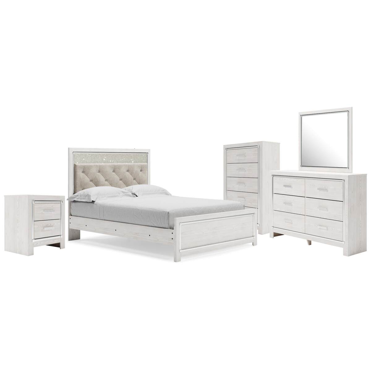 4375c4db08b726616d90fa6434229bc4 Altyra Queen Upholstered Panel Bed, Dresser, Mirror, Chest and Nightstand - Image 1