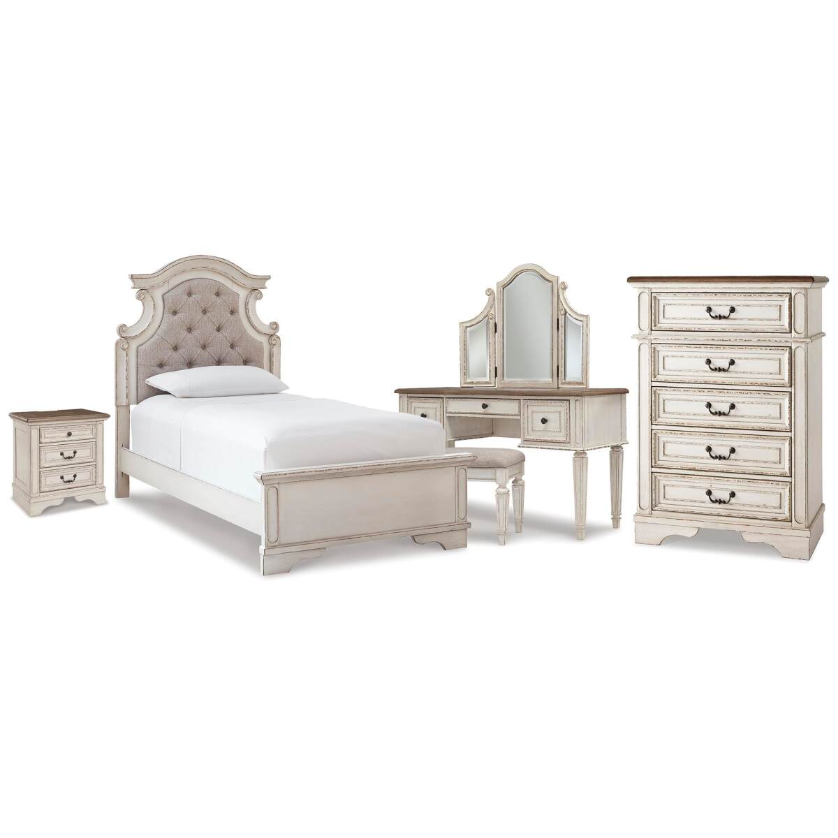 44c9b39fd0377c99a79340e9e96f2579 Realyn Twin Upholstered Panel Bed, Chest, Vanity and Nightstand - Image 1