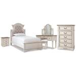 Realyn Twin Upholstered Panel Bed, Chest, Vanity and Nightstand