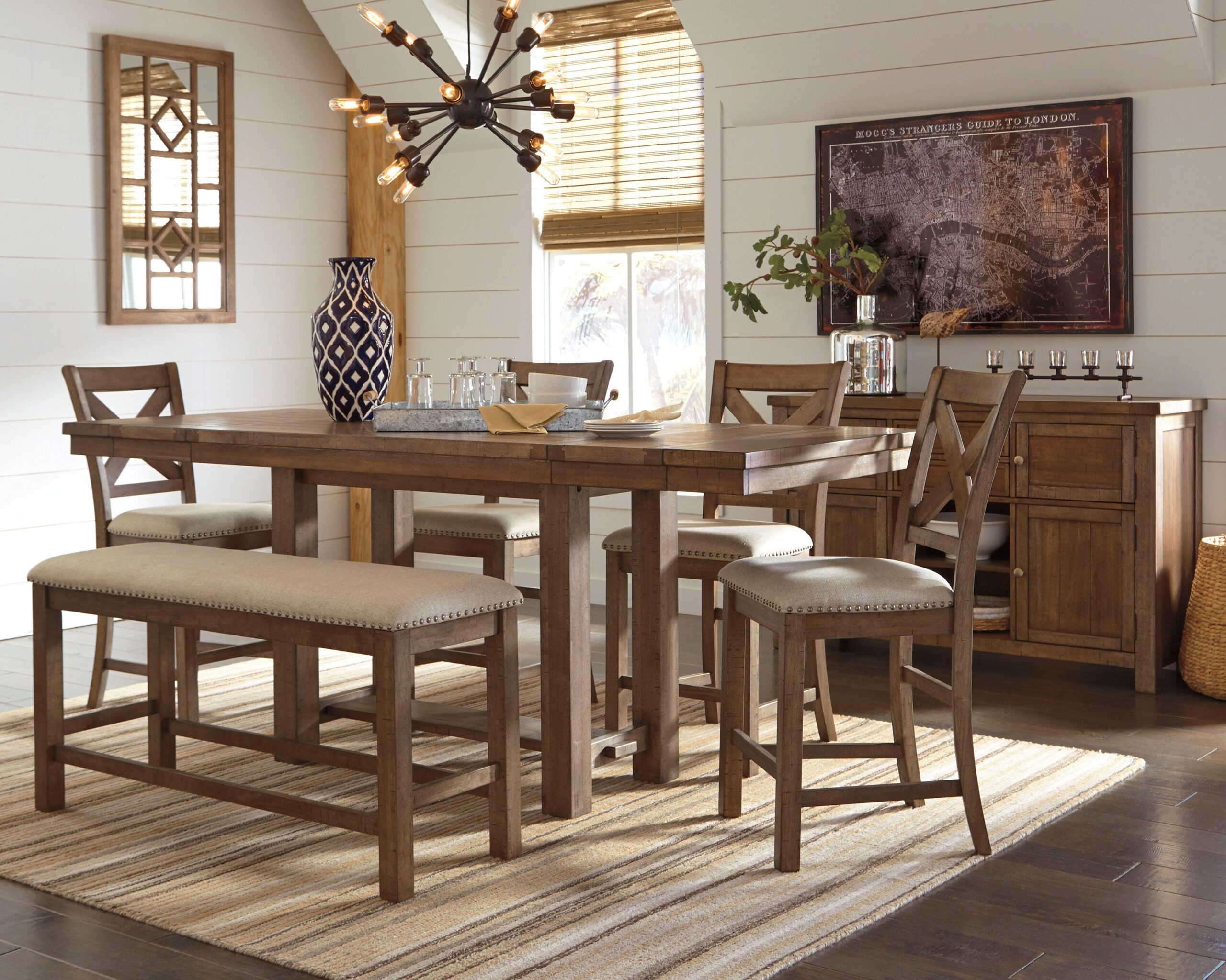 44cf026e24b7d5930c0664b18af4decf Moriville Counter Height Dining Table with 4 Barstools, Bench, and Server - Image 1