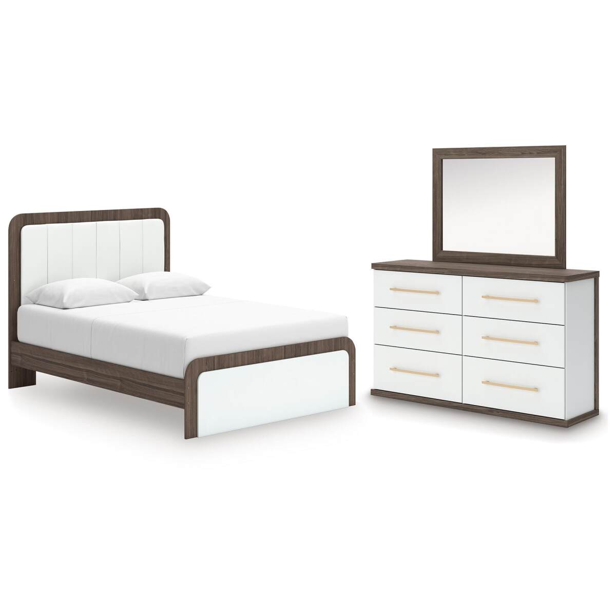 47f8ac1fff76c8da4f547c7a6ee20a99 Kendanport Queen Upholstered Platform Bed, Dresser and Mirror - Image 1