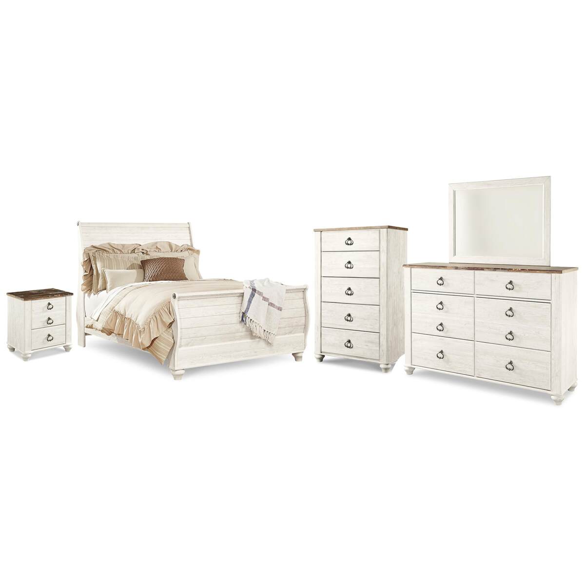 4918812e72c0aa2e66653bef0ab39871 Willowton Queen Sleigh Bed, Dresser, Mirror, Chest and Nightstand - Image 1