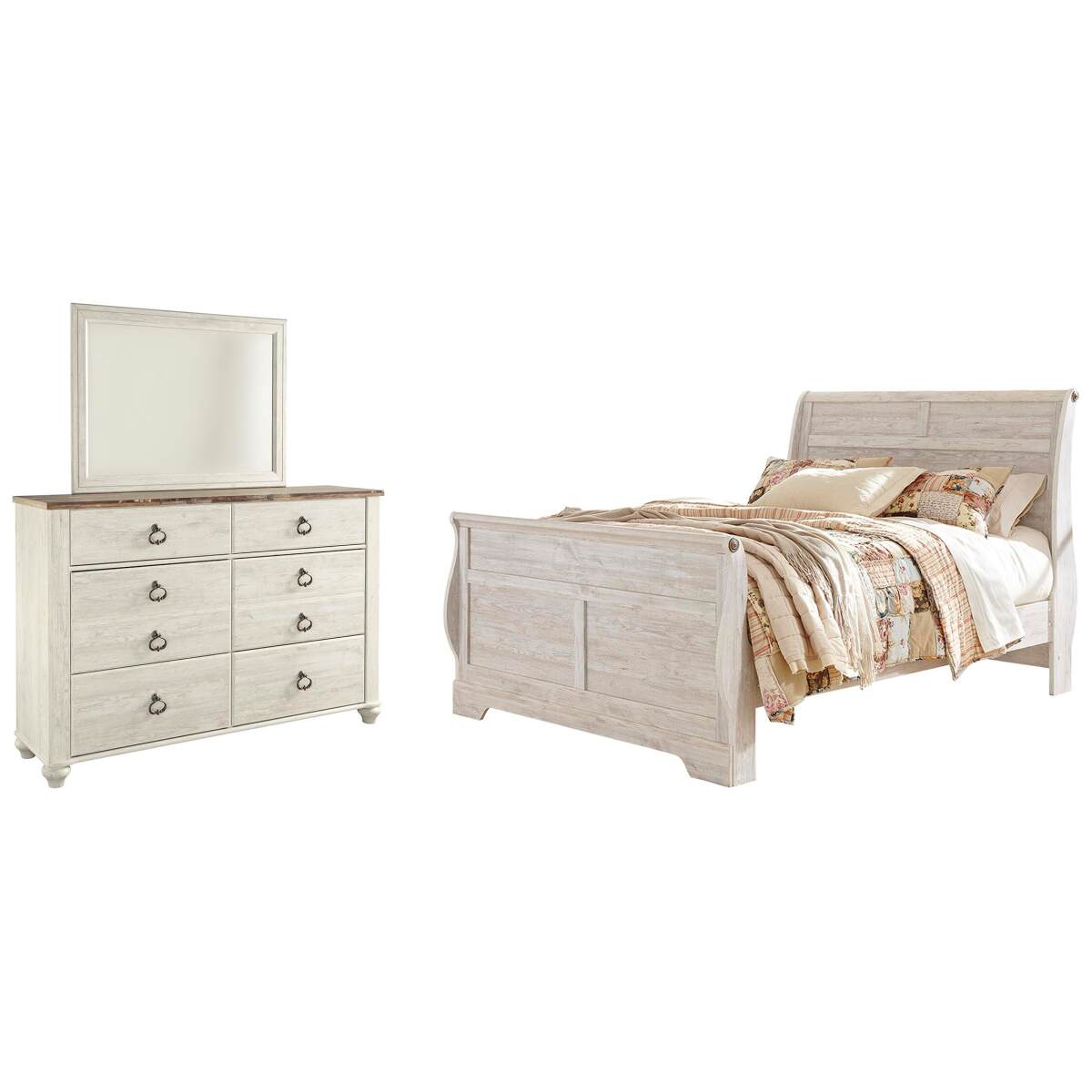 4c5e56a07f06bd0ddf354d2309e89c99 Willowton Queen Sleigh Bed, Dresser and Mirror - Image 1