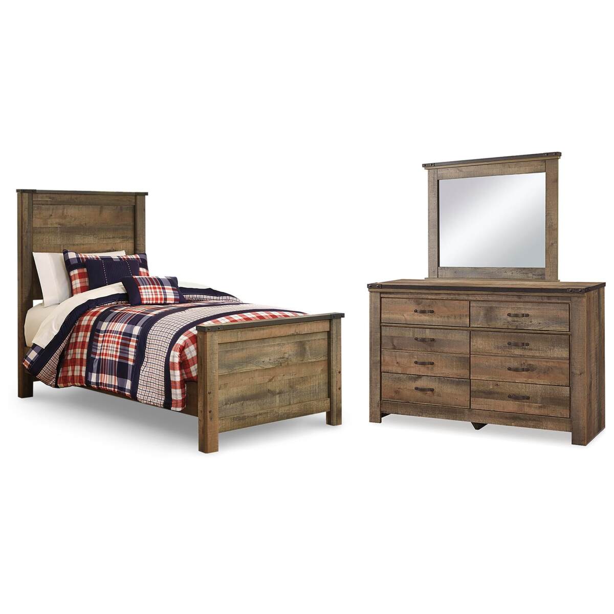 52fd72e6f0a605406515051c658bb298 Trinell Twin Panel Bed, Dresser and Mirror - Image 1