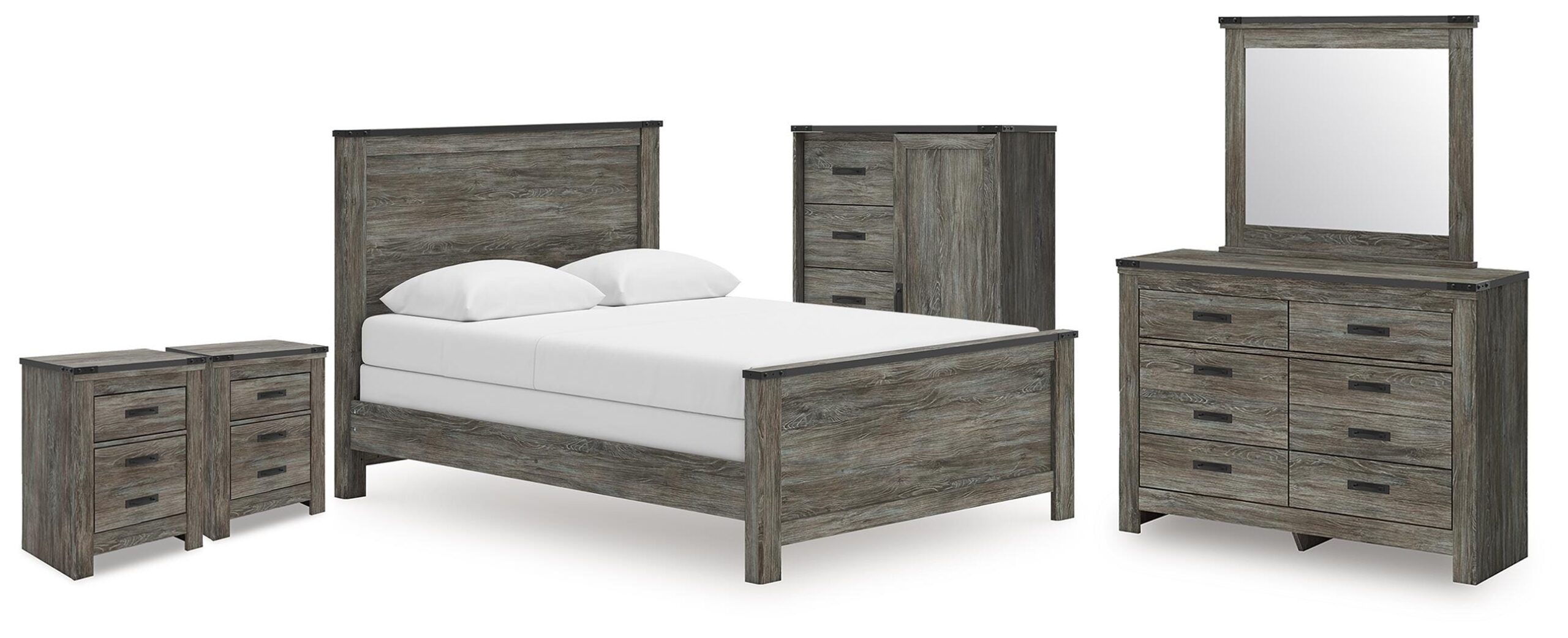 5531d6dc547832fe56b0a24cdcc97b55 Frandern Queen Panel Bed, Dresser, Mirror, Chest and 2 Nightstands - Image 1
