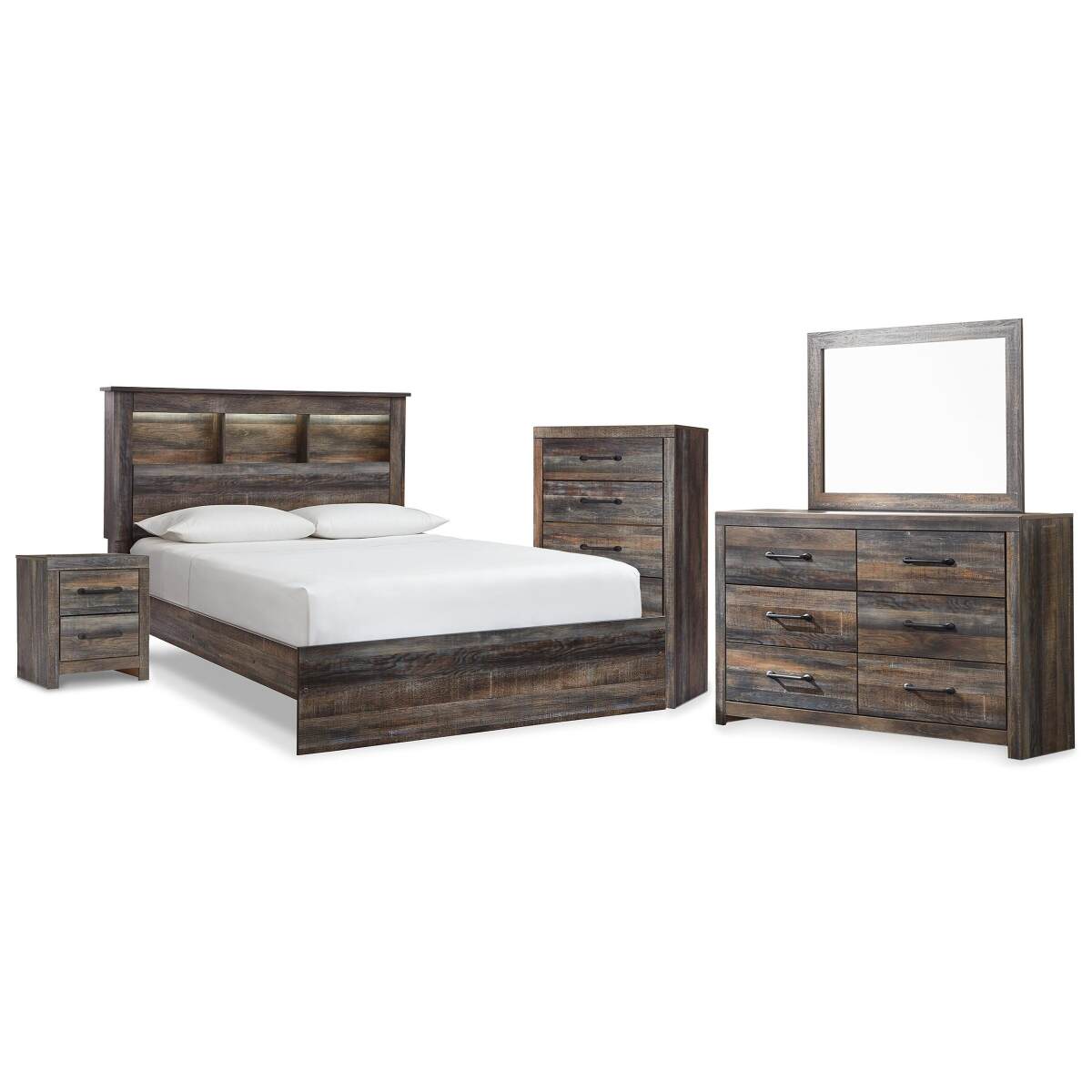 57b67ff7ff51941dff3ce5a2595bccdd Drystan Queen Bookcase Panel Bed, Dresser, Mirror Chest and Nightstand - Image 1