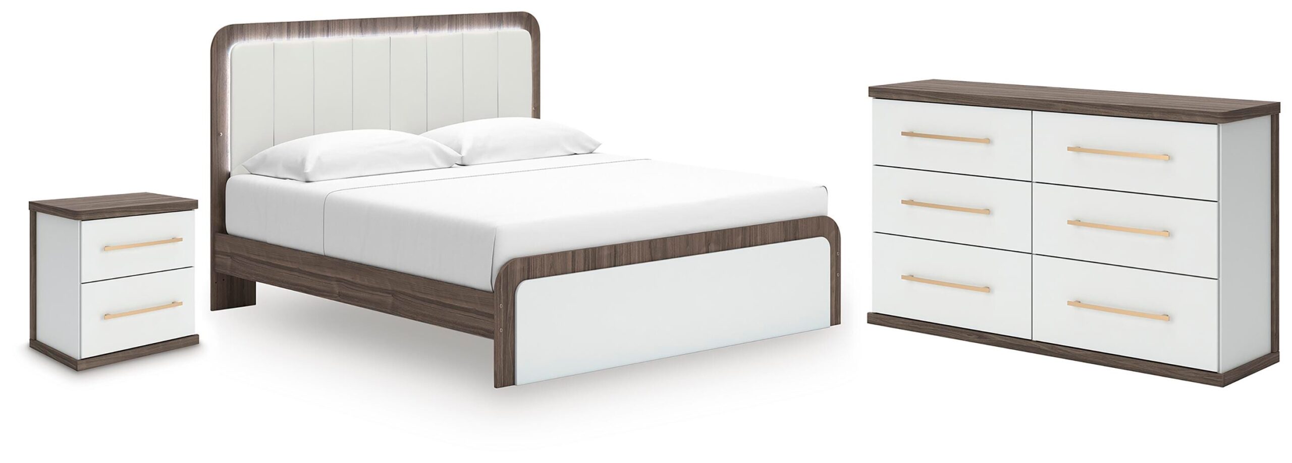59f5767bb30a6fd7303f6bc5633885df Kendanport King Upholstered Bed, Dresser and Nightstand - Image 1