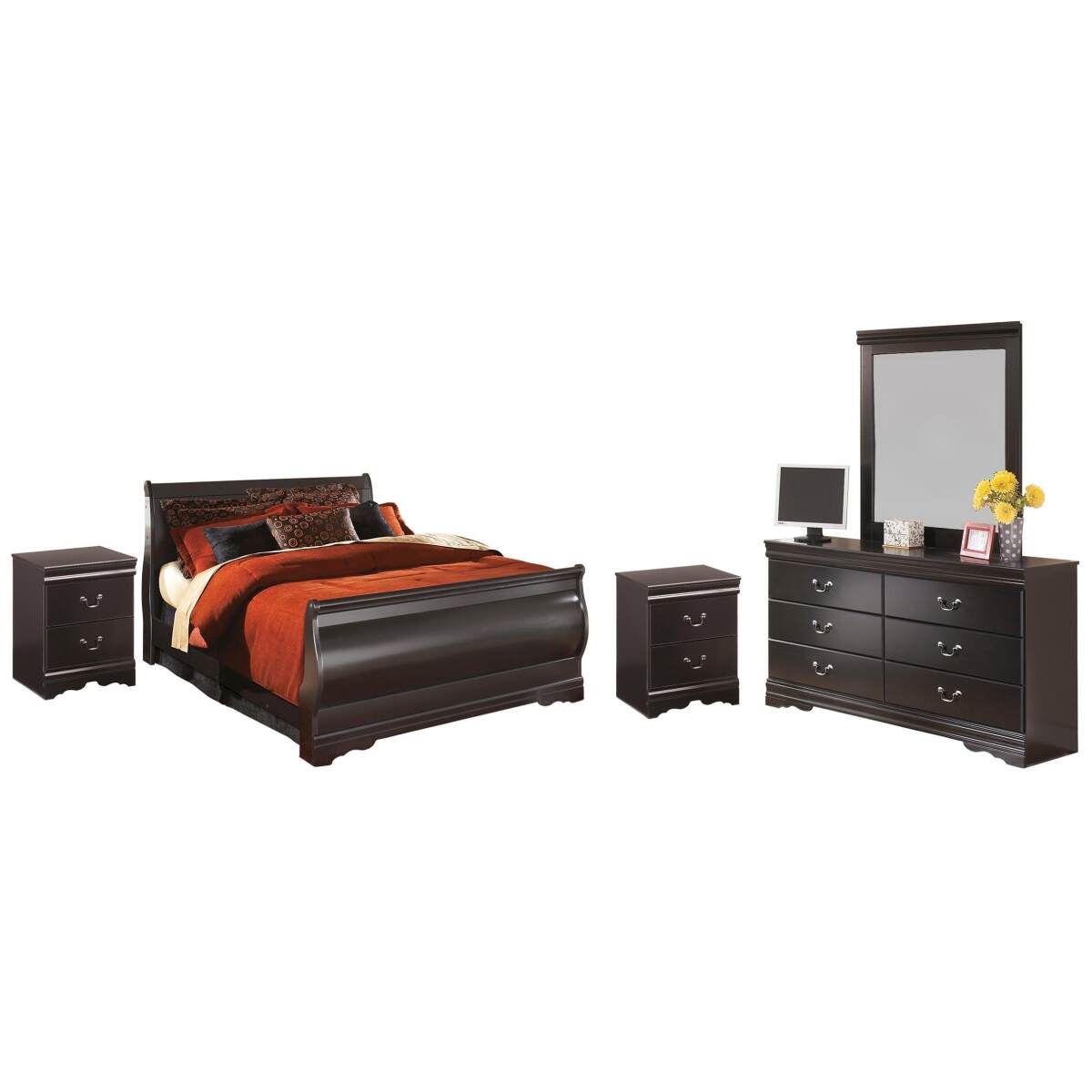 5a0beddbd8c4df92a62e94fcea55c93a Huey Vineyard Full Sleigh Bed with Mirrored Dresser and 2 Nightstands - Image 1