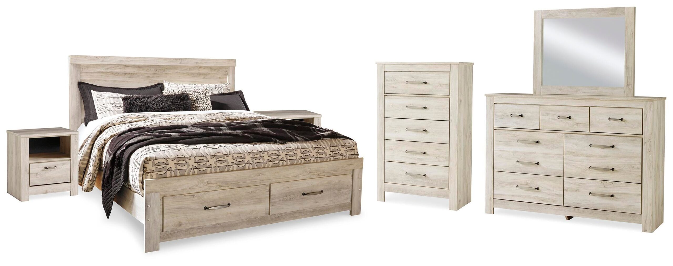 5b7bb6f37cde15e33c9ebc0f9140baee Bellaby King Storage Bed, Dresser, Mirror, Chest and 2 Nightstands - Image 1