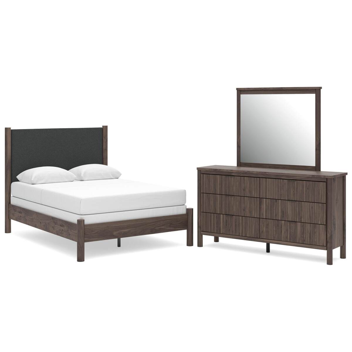 5bb4dfbe5ffb630decc6584f9b5472b2 Pamytta Full Upholstered Panel Bed, Dresser and Mirror - Image 1