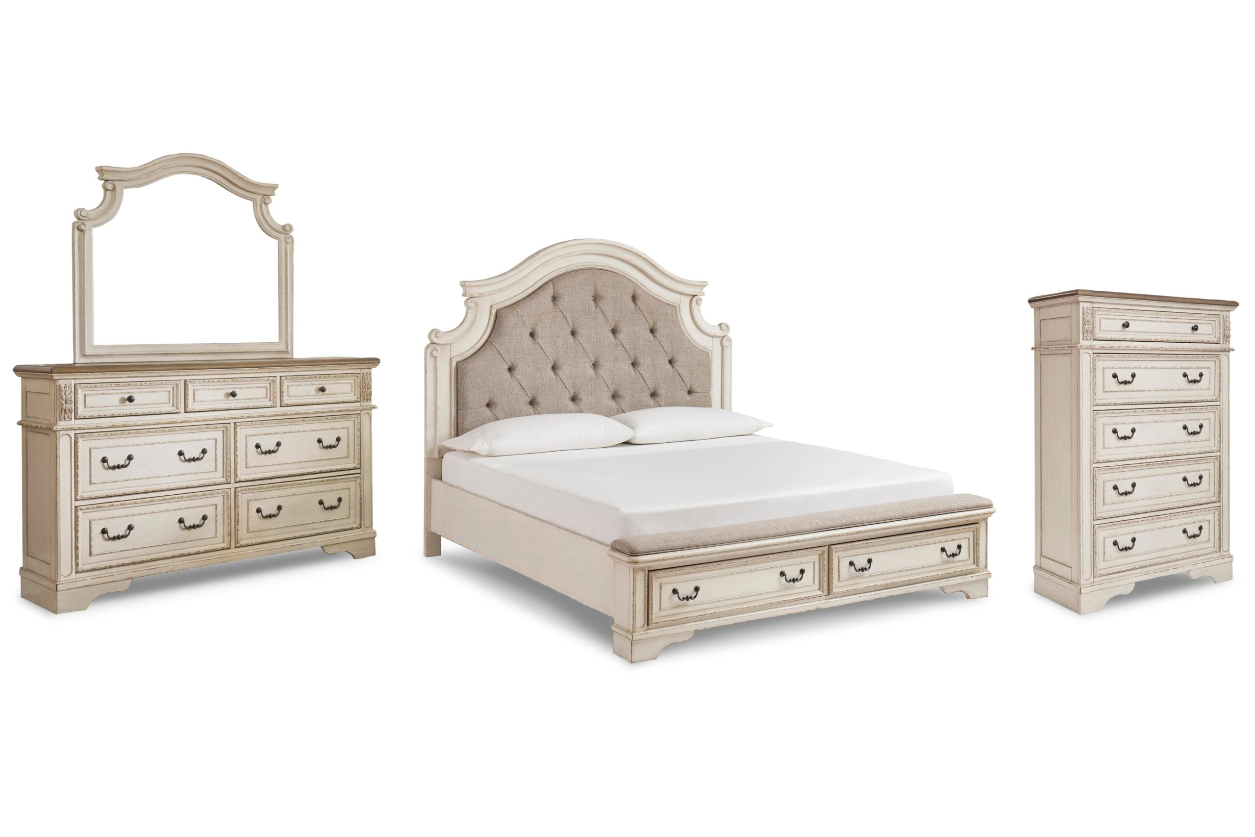 5e13ef16f7b884085376fc39883297e9 Realyn California King Upholstered Bed, Dresser, Mirror and Chest - Image 1