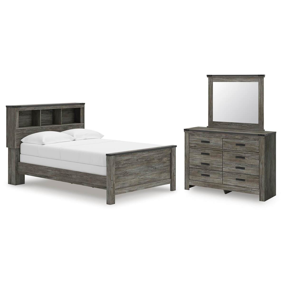60113d9fa1bf7d89e8549ac10653e4ba Frandern Full Bookcase Bed, Dresser and Mirror - Image 1