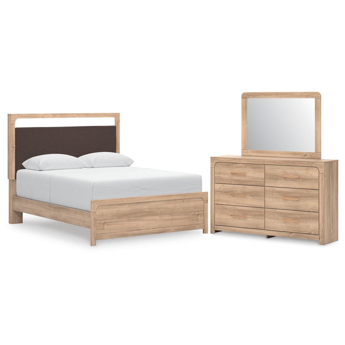 6031dc522d613b876d769348f5ce70e2 Kinlanni Queen Upholstered Panel Bed, Dresser and Mirror - Image 1