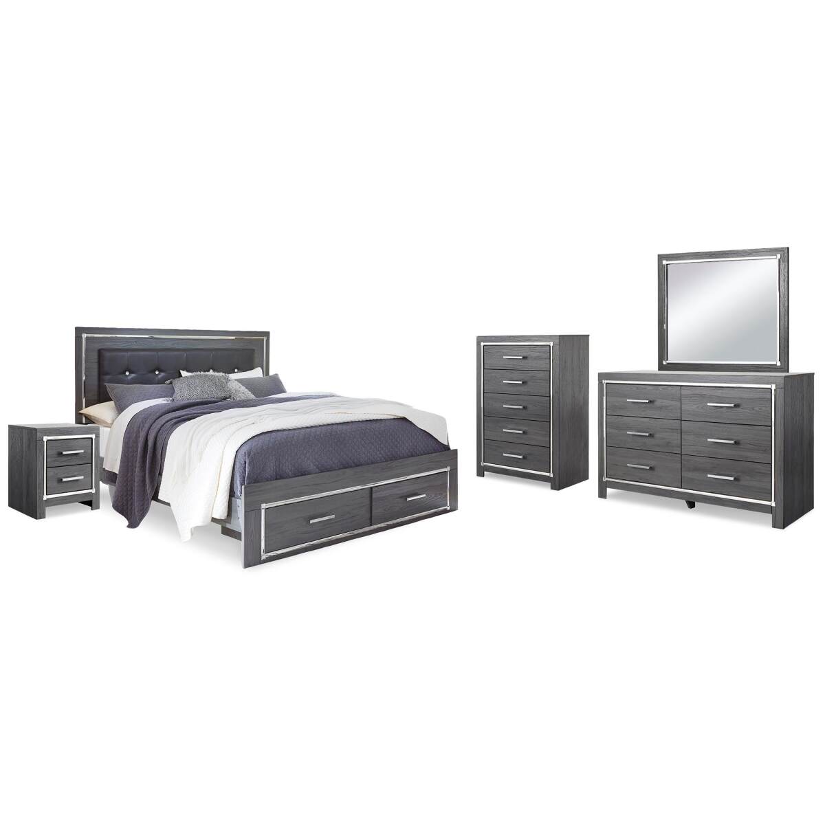 62c523eda214ec8b627c9719fc3530f9 Lodanna King Upholstered Storage Bed, Dresser, Mirror, Chest and 2 Nightstands - Image 1