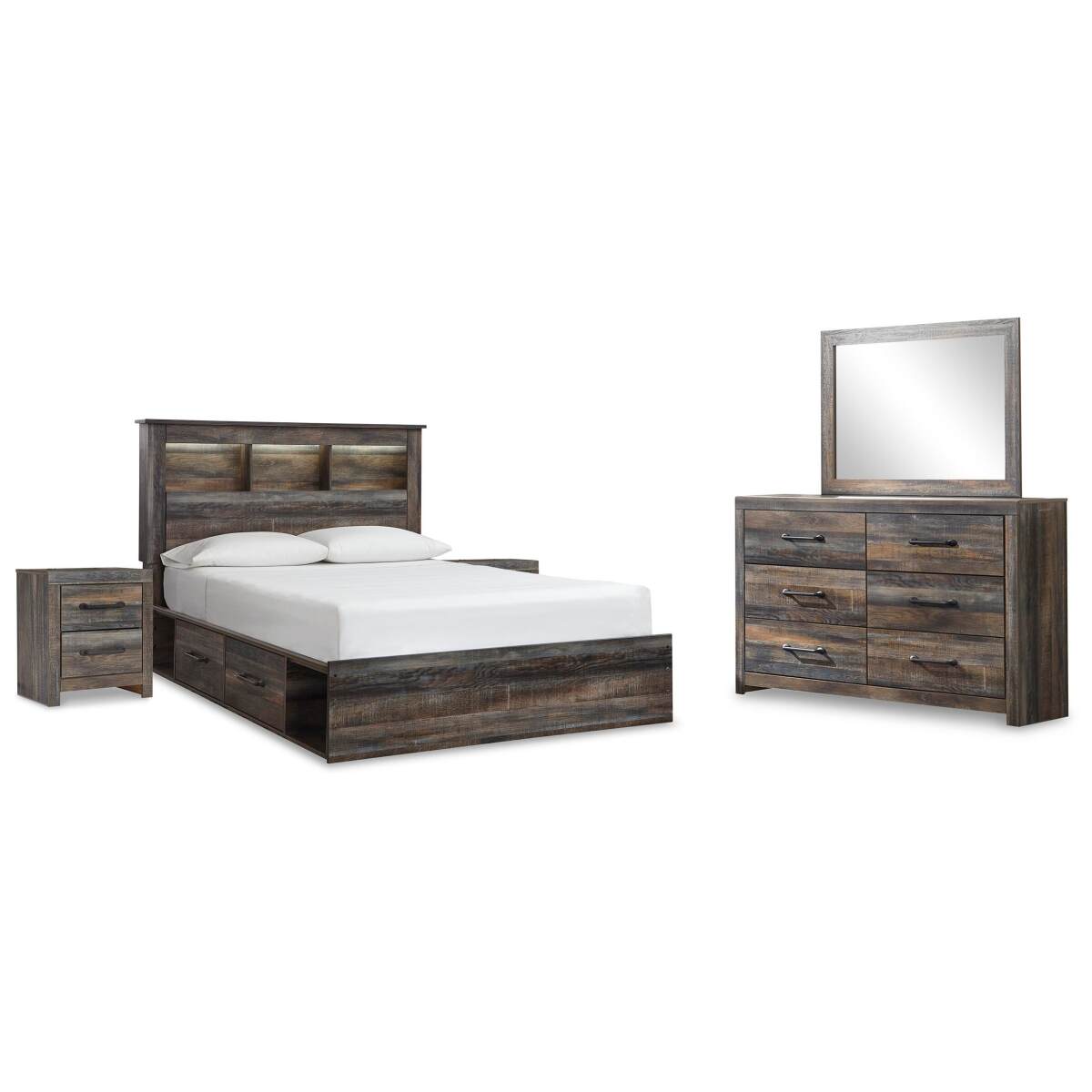 6372eed35d5537819dcc4a85d7bd7f99 Drystan Queen Bookcase Storage Bed, Dresser, Mirror and 2 Nightstands - Image 1