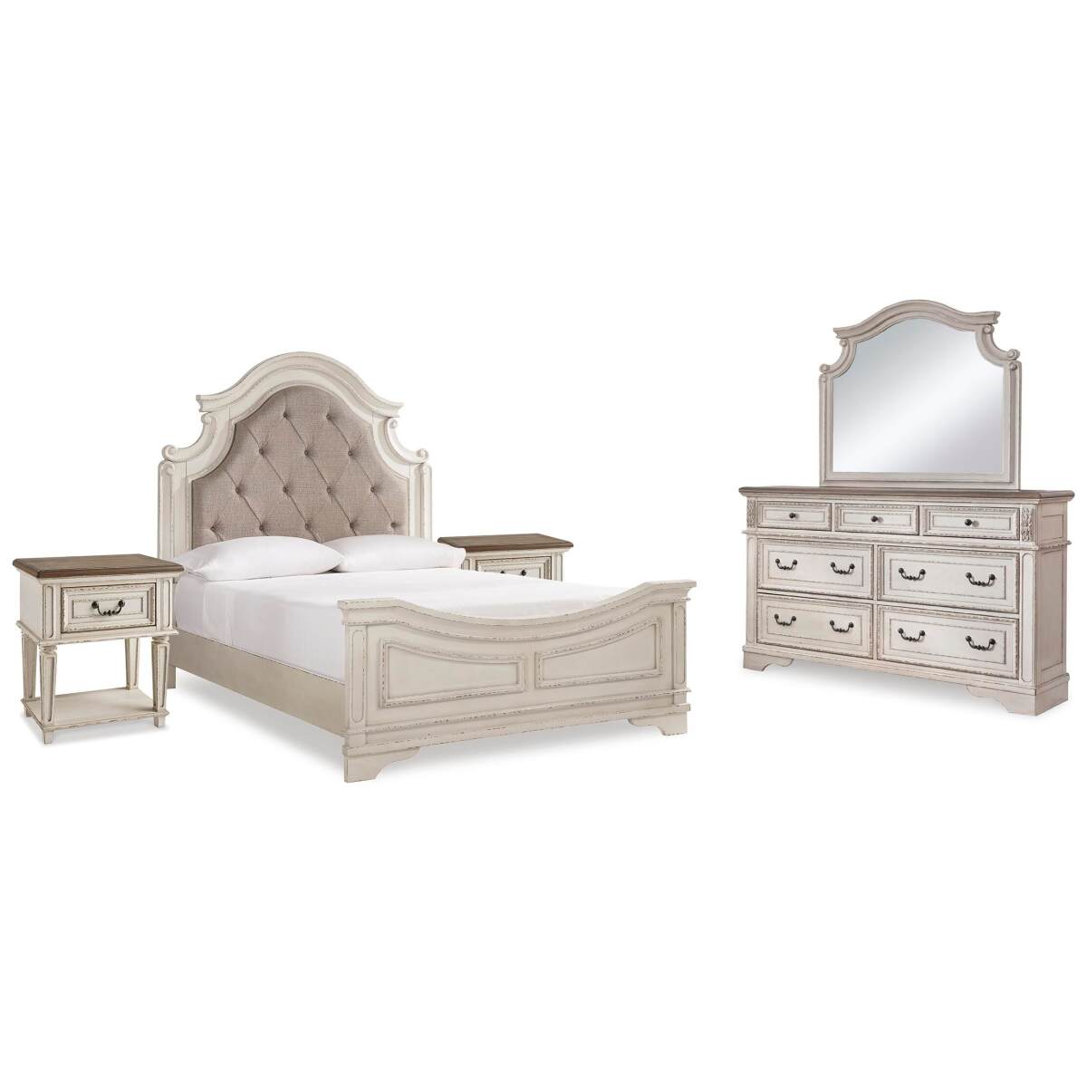 66e02fa311a5774d5e58e3701644c6d8 Realyn Queen Upholstered Panel Bed, Dresser, Mirror and 2 Nightstands - Image 1