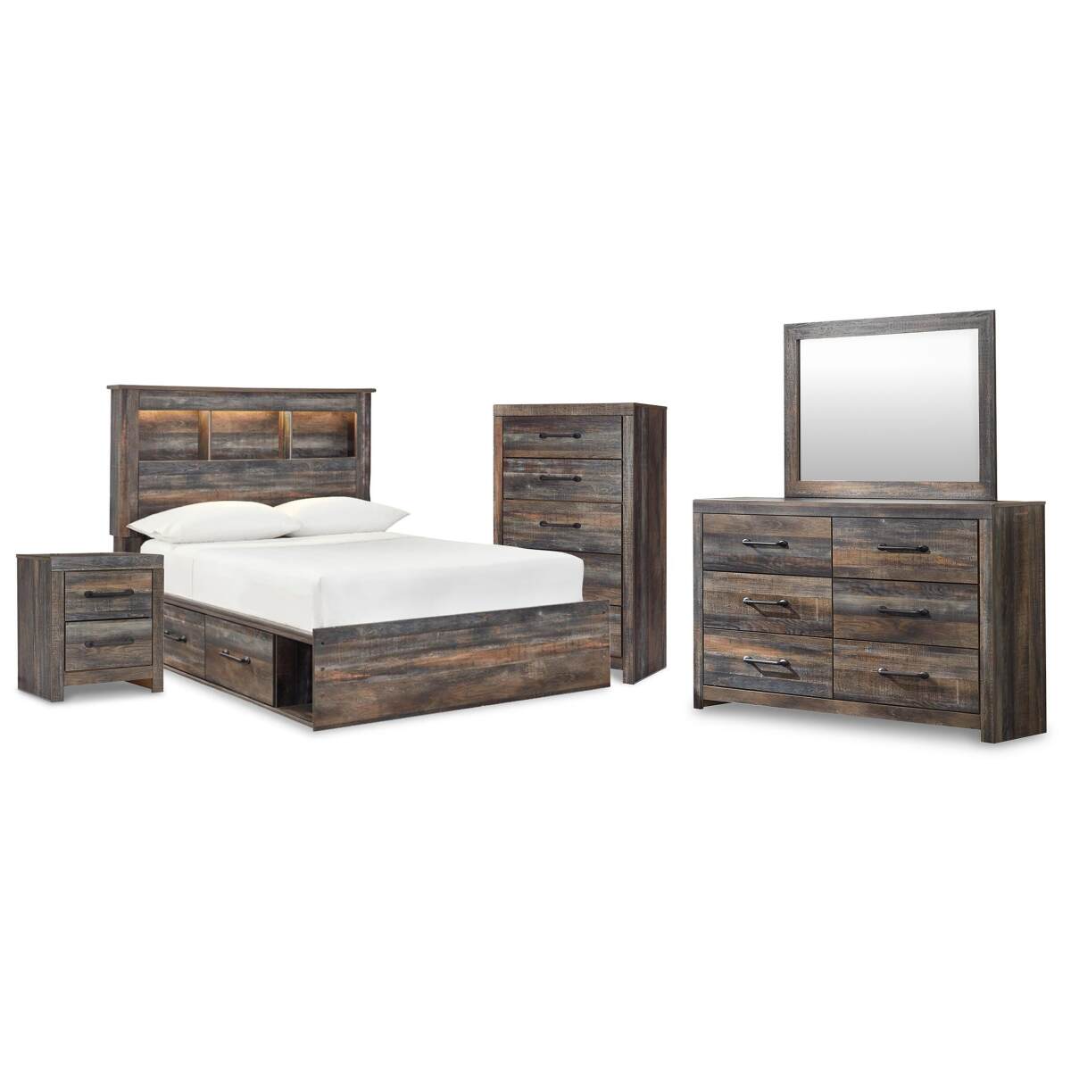 6c0db175fc0993bbfec87a1fb27f7ea8 Drystan Full Bookcase Bed, Dresser, Mirror, Chest and Nightstand - Image 1
